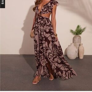 Vici Brown & Taupe Floral Cutout Maxi Dress